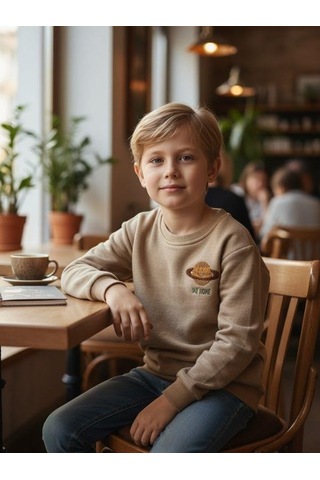 Zekids Erkek Çocuk Pamuklu Gezegen Baskılı Batik Sweatshirt-16332 Bej