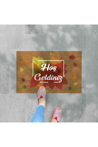 Dijital Baskılı Hoşgeldinizyazılı Karşılama Paspas Gül Desen - Kapı Önü Dekoratif Paspas Açıkkahverengi - Bej