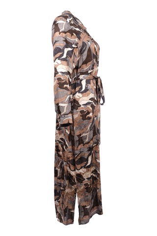 Büyük Beden Desenli Kuşaklı Jakar Elbise Gala-xi Kahverengi