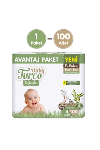 Baby Turco Doğadan Avantaj Paketi Pofuduk Bebek Bezi 4 Numara Maxi 100 Adet