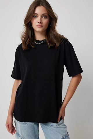 Soft&Basic Kadın %100 Organik Pamuk Oversize Fit Basic Yuvarlak Yaka T-shirt Siyah