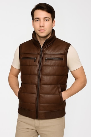 Derije Max Hakiki Deri Erkek Kahverengi Triko Detaylı Şişme Yelek