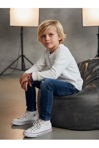 Zekids Erkek Çocuk Uzun Kollu İnce Triko T-shirt-16692 Beyaz