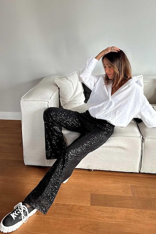 Unika Boutique Kadın Beli Lastikli Ve Pul Payetli Tasarım Bol Pantolon siyah