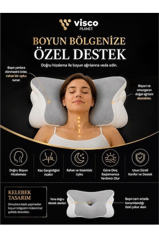 Visco Planet Ortopedik Visco Boyun Yastığı Memory Foam Boyun Destekli Ergonomik Uyku Yastığı 62x42x13/10 Cm Genel