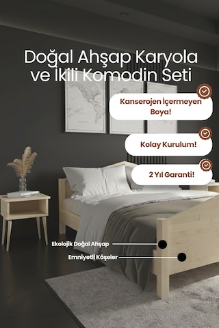 Mi Lano Piramit Model Masif Ahşap Karyola Ve 2 Adet Komodin Kolay Kurulum Fırınlanmış İthal Sibirya Çamı 140x200 Yatak Uyumlu 2 Adet Komodin