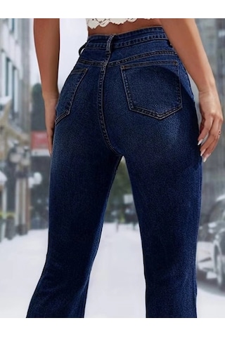 Valensdesign Kadın Yüksek Bel Önden Düğme Detaylı Parçaya Doğru Geniş Kot Pantolon Lacivert