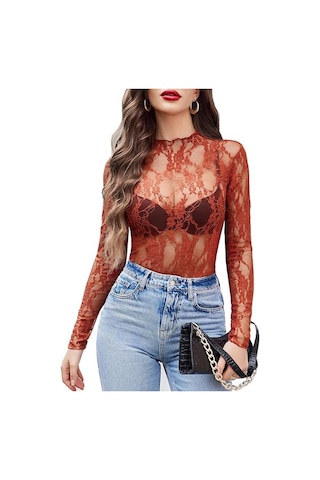 Kadın File Üst Uzun Kollu Balıkçı Yaka Şeffaf Bluz Şeffaf Çiçek Dantel Üstler Kahverengi