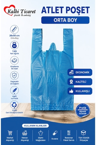 Kalın Mavi Poşet Orta Boy 1 Kg Hışır Atlet Poşet
