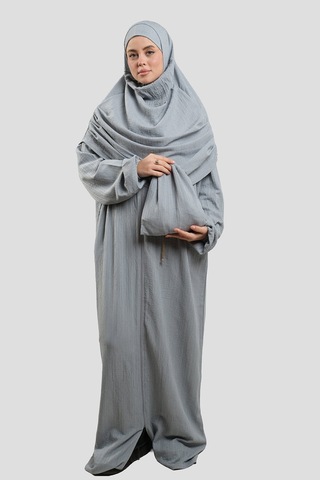 Hürrem Bone Gri İki Parça Fermuarlı Namaz Elbisesi Dokuma Kendinden Desenli 2516 15