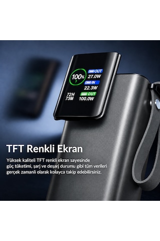 100w Ultra Hızlı Şarj Powerbank 20000 Mah Pd 3.0 Tft Ekranlı Dahili Type-c Kablolu Gri