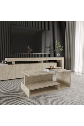 Vera Mini Orta Sehpa Modern Tasarım, Fonksiyonel Raflı Yap Traverten