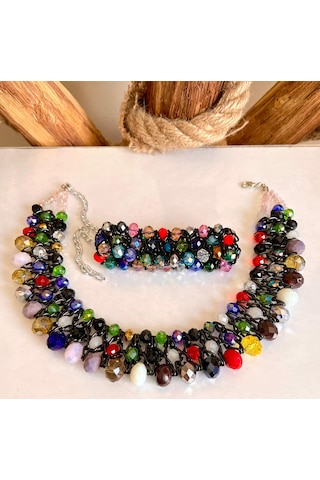 Karışık Renkli Kristal Taşlı Türk El Yapımı Gerdanlık Set Siyah - Kırmızı