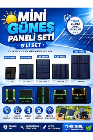 Mini Güneş Paneli Seti 5 Li Solar Panel Paketi 1.5v / 4.2v / 12v