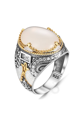 925 Ayar Gümüş Beyaz Akik Taşlı Mineli Erkek Yüzük Gümüş