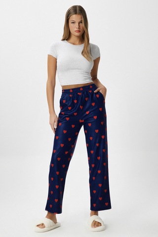 Ritnice Kadın Teddi Ultra Yumuşak Cepli Lacivert Kalp Desen Yılbaşı Pijama Altı Lacivert