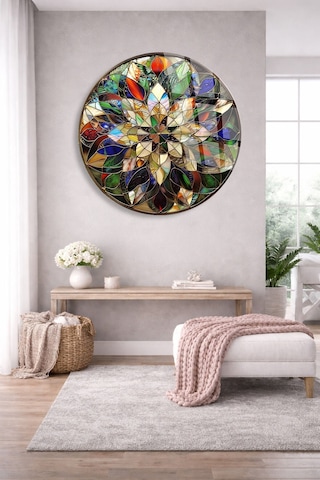Vitray Çiçek Mandala Cam Tablo Modern Sanat Tablosu Canlı Renkli Baskı Ofis Ve Çalışma Odası Anlamlı Hediye Seçeneği Kolay Montaj Askılı
