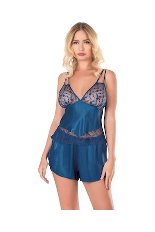 Veraura Lifestyle Kadın Petrol Mavisi Saten Babydoll Şort Takımı