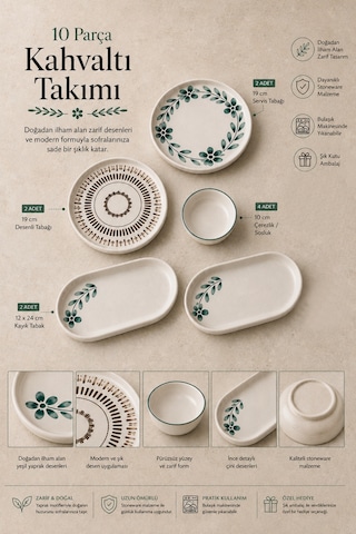 10 Parça 4 Kişilik Leaf Stoneware Kahvaltı Takımı - Özel Desenli Kahvaltılık Servis Sunum Seti Çok Renkli