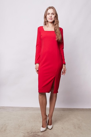 Kadın Likralı Krep Kumaş Kare Yaka Önden Yırtmaçlı Uzun Kol Diz Altı Ofis Elbise-kırmızı Kırmızı