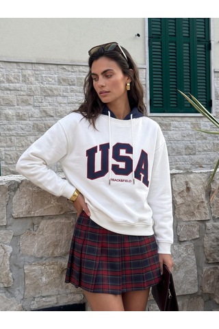 Onloox Kadın Beyaz Beyaz Pamuklu Kapüşonlu Salaş Kesim Usa Nakış İşlemeli Şardonlu Sweatshirt