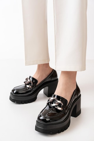 Asmi Shoes Kadın Zincir Tokalı Karmi 8 Cm Topuklu Loafer Platformlu Ayakkabı Siyah Siyah
