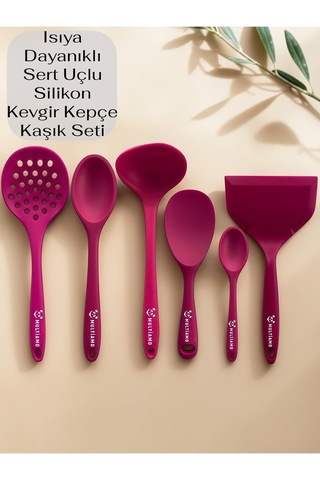 Isıya Dayanıklı Silikon Kevgir Kepçe Kaşık Spatula Seti 6 Parça Fusya