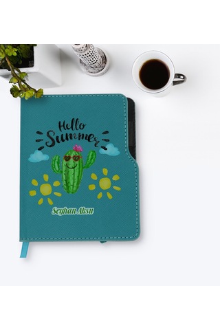 Kişiye Özel Kaktüs Tasarımlı Turkuaz Termo Deri Defter-8 Turkuaz