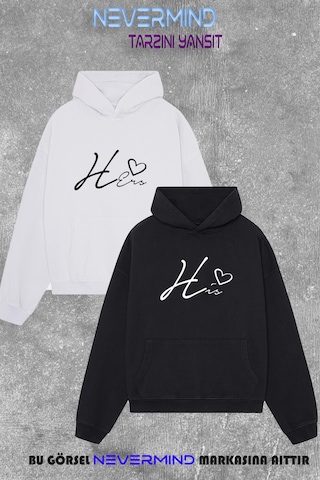 Nevermınd Unisex Çift Kombini 2 Li Oversize Hoodie Kalp & Göz Tasarımlı Sweatshirt - Sevgili Kombini Çok Çok Renkli Çok Renkli