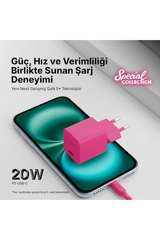 Ttec Smartcharger Gan 20W PD Seyahat Hızlı Şarj Aleti+USB-C-Lightning 120 CM Kablo Neon Pembe