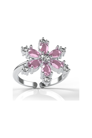 925 Ayar Pembe Taşlı Rodyum Lotus Çiçeği Ayarlanabilir Gümüş Yüzük Rr10025 Gümüş
