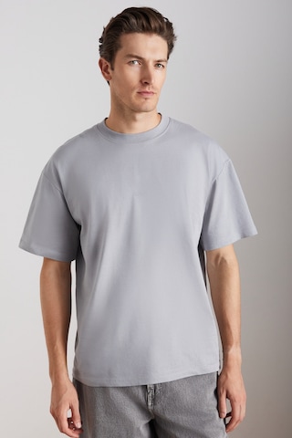 Grimelange Jett  Erkek Oversize Fit %100 Organik Pamuk Kalın Dokulu Bisiklet Yakalı Gri T-shirt Gri