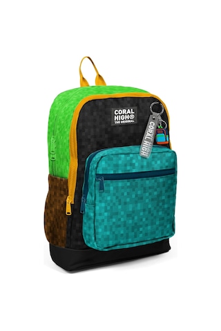 Coral High Erkek Çocuk Siyah Yeşil Kahverengi Craft Desenli İlkokul Sırt Çantası Dört Bölme 33216 Çok Renkli