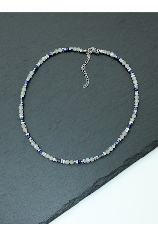 Sertifikalı Labradorit, Lapis Lazuli Ve Hematit Doğal Taşlı Çelik Kadın Kolye Gri