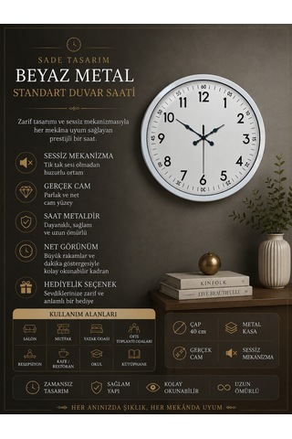 40 Cm Beyaz Metal Standart Duvar Saati Metal Standart Beyaz Kadran 67857430
