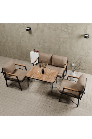 Mb Garden Furnıture Simetri Model, Balkon, Bahçe, Cafe, Metal Koltuk Takımı,bahçe Takımı,çay Seti, 2+1+1+masalı Süngerli Cappuccino