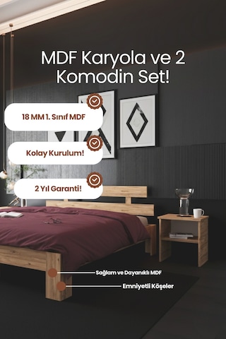 Lotus Çift Kişilik Mdf Karyola Ve 2 Komodinli Set 140x190 Yatak Uyumlu - Atlantik Çam