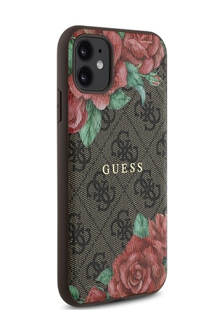 Apple Uyumlu iPhone 11 Kılıf Guess Lisanslı Magsafe Gül Baskılı 4g Desenli Yazı Logolu Kapak Kahverengi