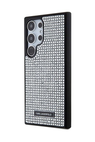 Galaxy S24 Ultra Uyumlu Kılıf Taşlı Metal Logo Lisanslı Kapak Gümüş
