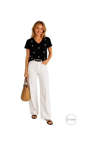 Cassime Kadın Siyah Çiçek Taşlı %100 Pamuk Relaxed Fit Basic Tişört