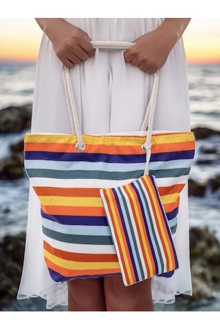 Cüzdan Hediyeli Kadın Plaj Çantası - Renkli Çok Renkli
