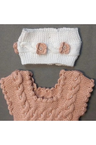 Uretti - Talia 8659 - 5678 El Örgüsü Kız Çocuk Elbise - Bandana - Patik Üçlü Takım - 6 / 9 Ay Gülkurusu