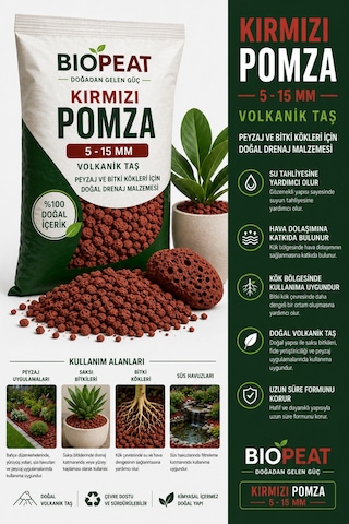 5 Litre Kırmızı Pomza 5-15 Mm Volkanik Taş Saksı, Peyzaj Ve Bitki Kökleri İçin Doğal Drenaj Malzemesi 1000