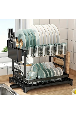 Honeybeeshop Siyah 2 Katlı Karbon Çelik Bulaşık Rafı Süzgeç Mutfak Eşyaları Tutucu Ve Bardak Askılı Siyah