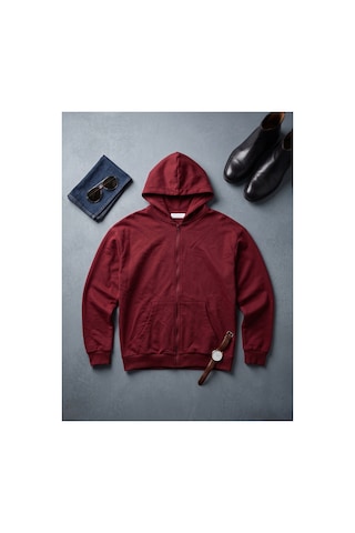Deniva Kids Erkek Çocuk Bordo Fermuarlı Kapüşonlu Sweatshirt Rahat Kalıp Kanguru Cepli Hırka