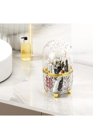 Yuntech01 Scheın Abs Plastik Güneş Yeşili Döner Kosmetik Organizer, 6 Bölmeli, Toz Koruyucu Kapaklı, 21x12x12 Cm Şeffaf