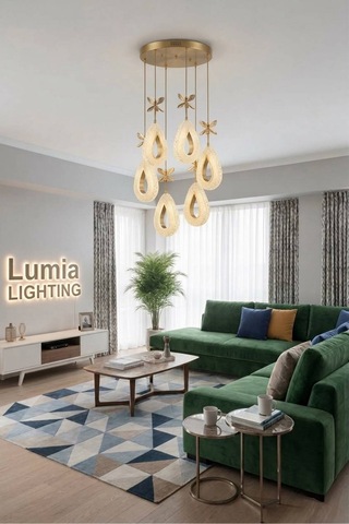 Lumia Lighting Damla Model 6'lı Gümüş Kumandalı 3 Renk Modu Ledli Kristal Taşlı Modern Salon Mutfak Oturma Odası Led Avize Gold