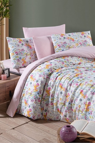 Mystory Home Lastikli Çarşaflı Çift Kişilik Nevresim Takımı Lily Pembe - Turuncu