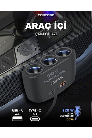 Concord C-778 120w Çakmaklık Çoğaltıcı + Type-c + Usb Çıkışlı