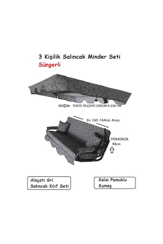 Süngerli 3 Kişilik Salıncak Minder Seti -alaçatı Gri